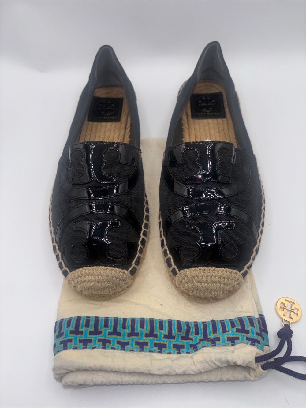 Tory Burch Black Patent Logo Espadrille Flats
